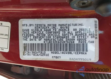 2002 Toyota Camry Le from USA, damaged, VIN 4T1BE32K62U076260